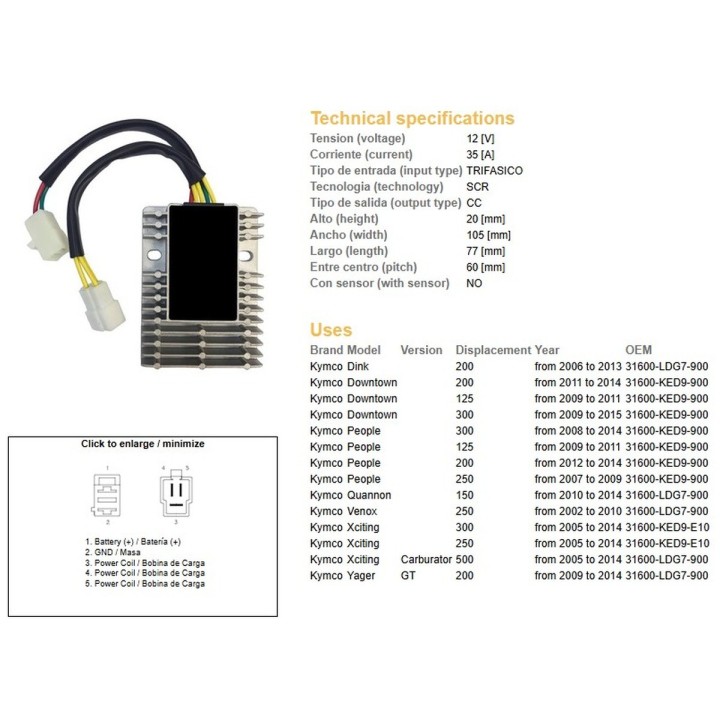 DZE regulator napięcia kymco xcting 250/500 '06-'11; dink 200 '06-'13; people 125/200/250 '07-'14 (ESR921)