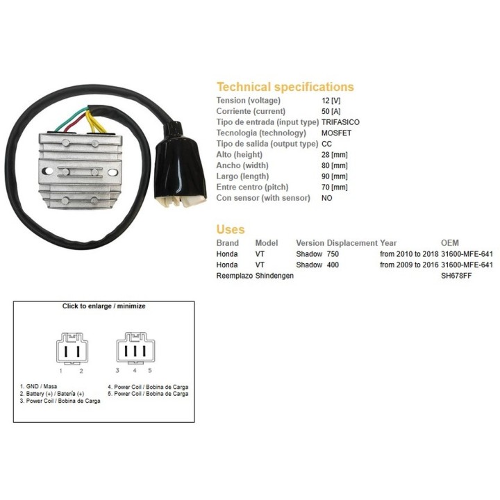 DZE regulator napięcia honda vt 750C shadow '10-'18 (31600-MFE-641) (50A) (mosfet)