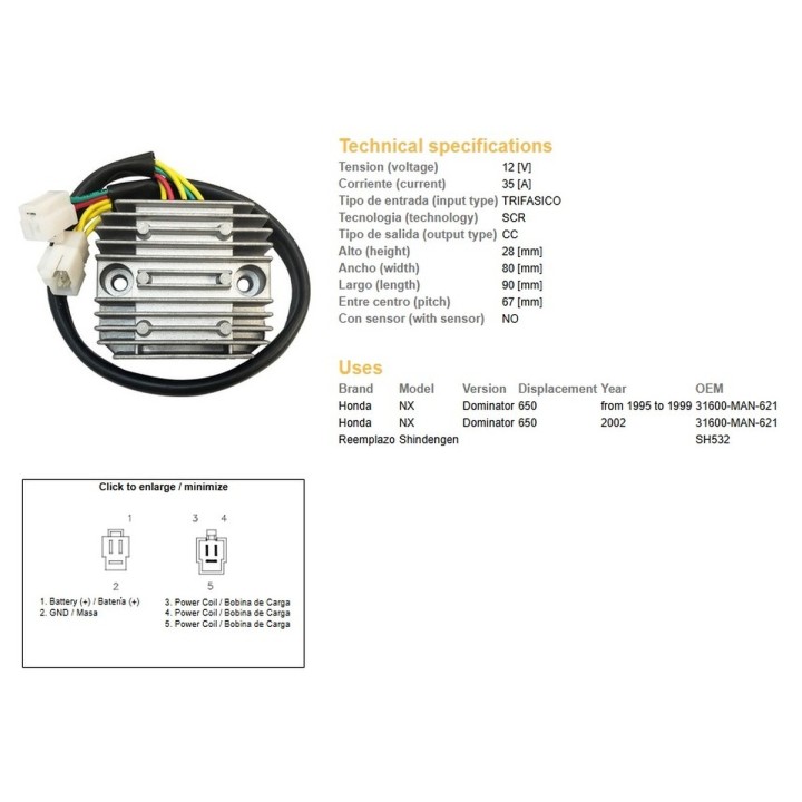 DZE regulator napięcia honda nx 650 dominator '95-'99; '02 (31600-MAN-621) (35A)