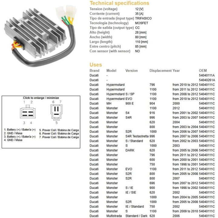 DZE regulator napięcia ducati 600/620/748/750/796/800/900/916/944/992/996/1000/1100 '98-'12 (35A)(54040111C, SH579-B11) (ESR532…