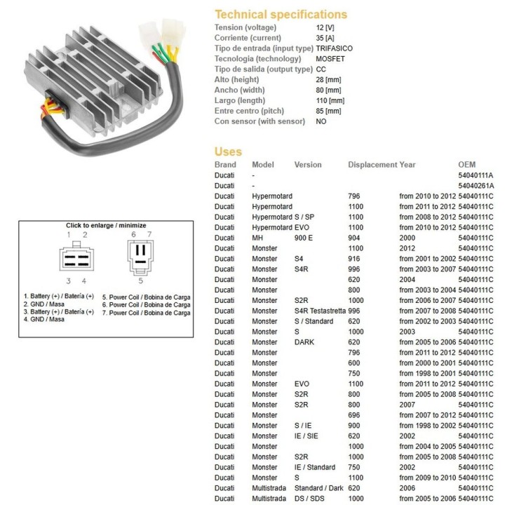 DZE regulator napięcia ducati 600/620/748/750/796/800/900/916/944/992/996/1000/1100 '98-'12 (35A)(54040111C, SH579-B11) (ESR532…