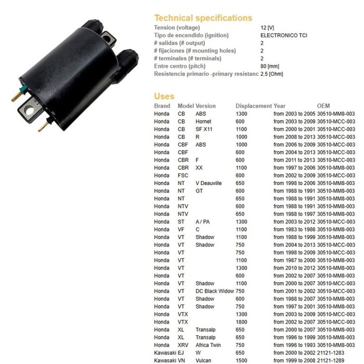 DZE cewka zapłonowa honda cb/cbr/cbf/nt/st/vt/vtx/xl/xrv; kawasaki vn/zn/zx/zxr/zz-r
