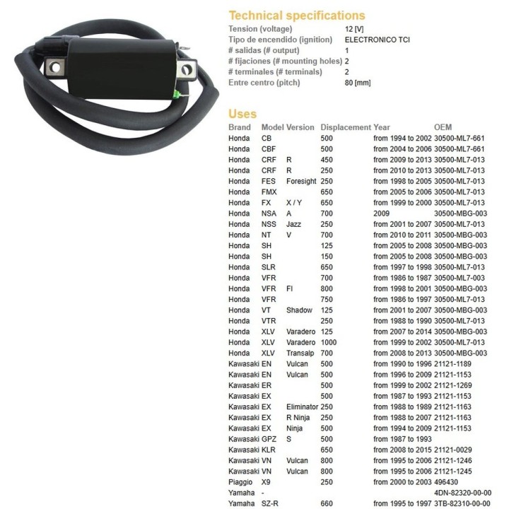 DZE cewka zapłonowa honda cb/cbf/fes/nsa/nss/nt/sh/vfr/xlv; kawasaki en/er/ex/gpz/klr/vn; yamaha xt/xv