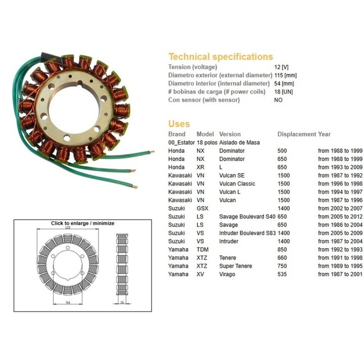 DZE uzwojenie alternatora (stator) honda nx 650 dominator '88-'99; XR 650L '93-'09; kawasaki vn 1500 vulcan '87-'97; suzuki ls…
