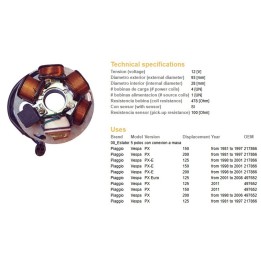 DZE uzwojenie alternatora (stator) piaggio vespa px 150/200 '81-'97; px-e 125/150/200 '98-'01; px 125 '81-'97 (oem 217866;49765…