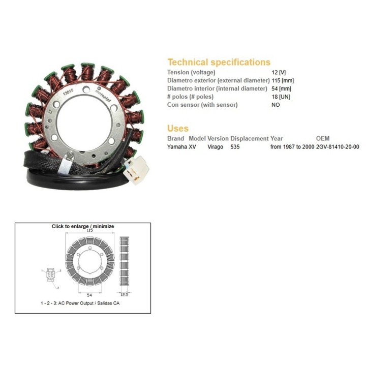 DZE uzwojenie alternatora (stator) yamaha xv 535 virago '87-'00 (oem 2GV-81410-20-00)