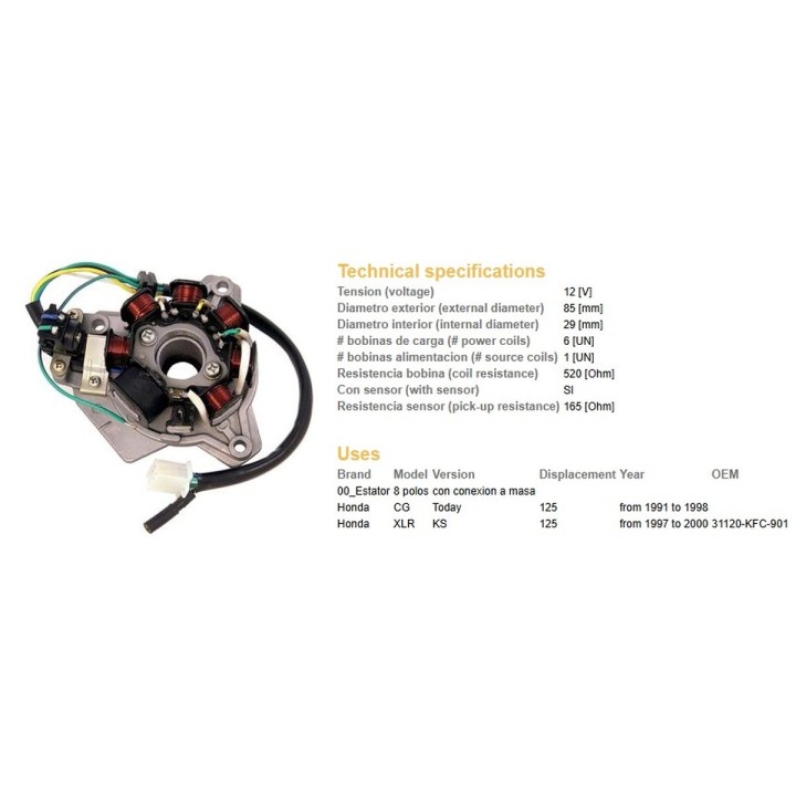 DZE uzwojenie alternatora (stator) honda xlr 125 '97-'00; cg 125 '91-'98 (OEM-31120-KFC-901)
