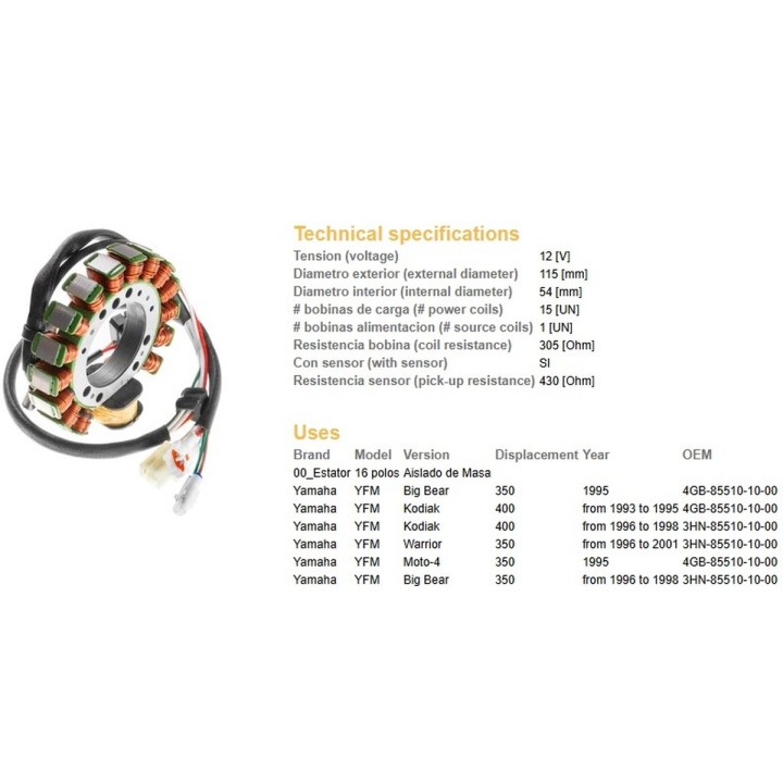 DZE uzwojenie alternatora (stator) yamaha yfm 350 big bear '95-'98, warrior '96-'01; kodiak 400 '93-'98 (ESG434) (3HN-8510-10-0…