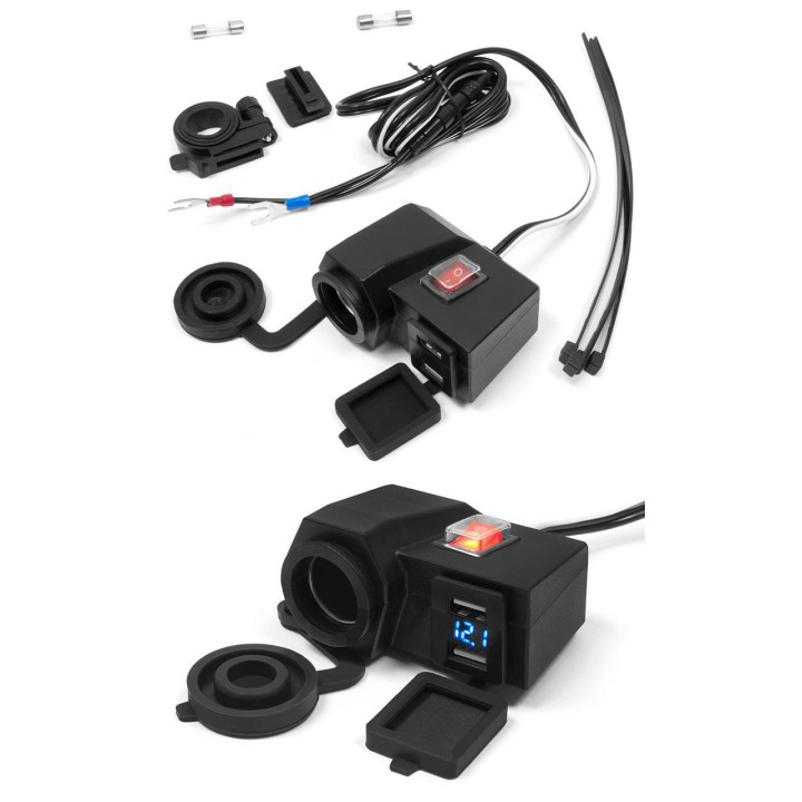 BIKETEC motocyklowe gniazdo zapalniczki z dwoma gniazdami USB z wyłącznikiem montaż na kierownicę/rurkę - MUS06 (el)
