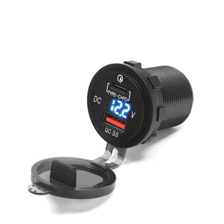 BIKETEC motocyklowe podwójne gniazdo USB quick charge USB typ-c z podświetleniem i woltomierzem montaż na powierzchnie płaską (…