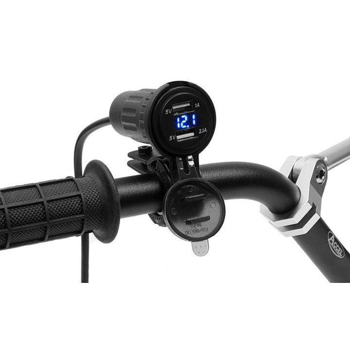 BIKETEC motocyklowe podwójne gniazdo z podświetleniem i woltomierzem montaż w owiewke lub na kierownice