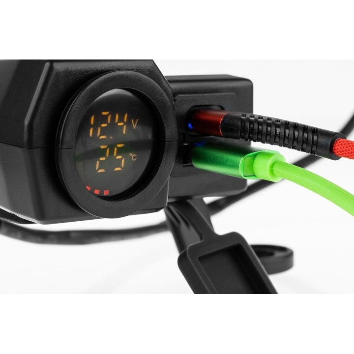 BIKETEC motocyklowe podwójne gniazdo USB quick charge 3.0 z woltomierzem i wskaźnikiem temperatury zewnętrznej montaż na kierow…