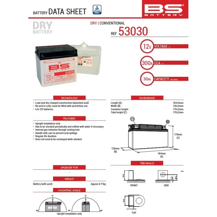 BS BATTERY BS 2026/01 akumulator 53030 (B60-N30L-B) 12V 30AH 186X130X171 (300A) bmw R60/6/7/R65/R75/6/7/R80/7/RT/R90/6/S 69-95,…