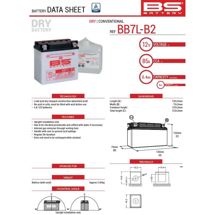 BS BATTERY BS 2026/01 akumulator BB7L-B (YB7L-B) (12N7-3B) (YB7L-B2) 12V 8,4AH 135X75X133 obsługowy - elektrolit osobno (85A) U…