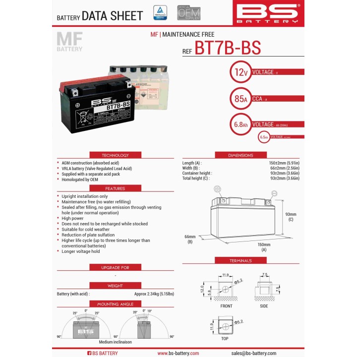 BS BATTERY BS akumulator BT7B-BS (YT7B-BS) 12V 6,5AH 150X65X93 bezobsługowy - elektrolit osobno (85A) UE2019/1148 (6)