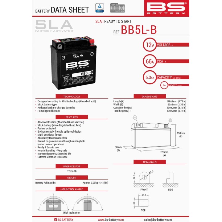 BS BATTERY BS akumulator BB5L-B (fa) (YB5L-B) (12N5-3B) 12V 5AH 120X60X130 bezobsługowy - zalany (65A) (6)