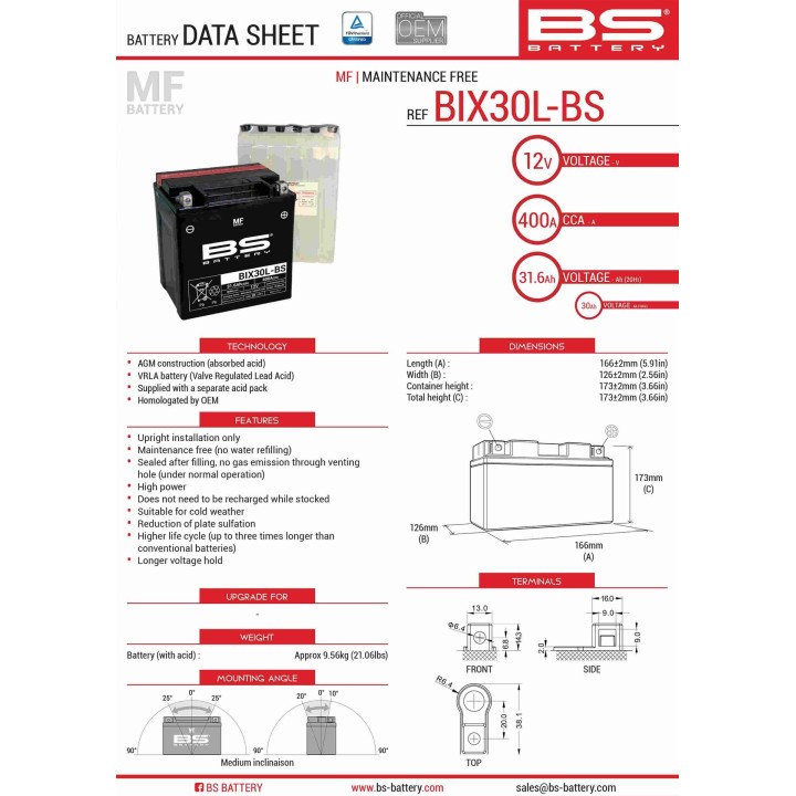 BS BATTERY BS akumulator BIX30L-BS (YTX30L-BS) 12V 30AH 165X125X175 bezobsługowy - elektrolit osobno (400A) UE2019/1148 (1)