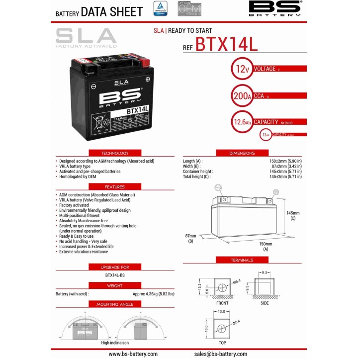 BS BATTERY BS akumulator BTX14L (fa) (YTX14L-BS) 12V 12AH 150X87X145 bezobsługowy - zalany (200A) (4)