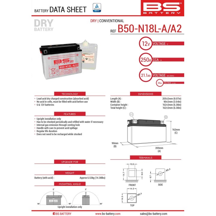 BS BATTERY BS akumulator B50-N18L-A/A2 (Y50-N18L-A/A2) 12V 20AH 205X90X162 obsługowy - elektrolit osobno 250A UE2019/1148 (2)