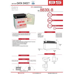 BS BATTERY BS akumulator BB30L-B (YB30L-B) 12V 30AH 168X132X176 obsługowy - elektrolit osobno (300A) harley davidson, polaris 6…