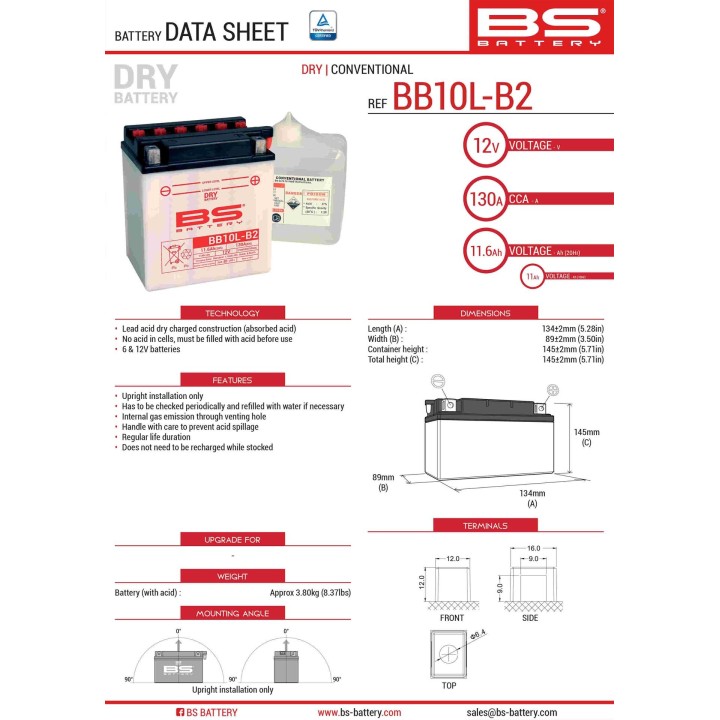 BS BATTERY BS akumulator BB10L-B2 (YB10L-B2) 12V 11AH 134X89X145 obsługowy - elektrolit osobno (130A) UE2019/1148 (310558) (4)
