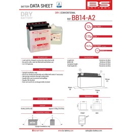 BS BATTERY BS akumulator BB14-A2 (YB14-A2) 12V 14AH 134X89X166 obsługowy - elektrolit osobno (175A) UE2019/1148 (3)
