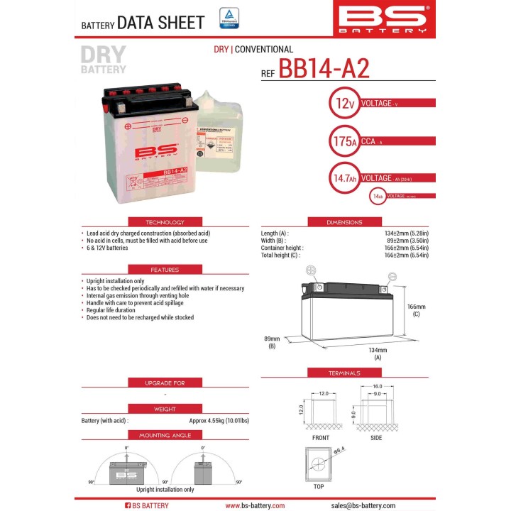 BS BATTERY BS akumulator BB14-A2 (YB14-A2) 12V 14AH 134X89X166 obsługowy - elektrolit osobno (175A) UE2019/1148 (3)