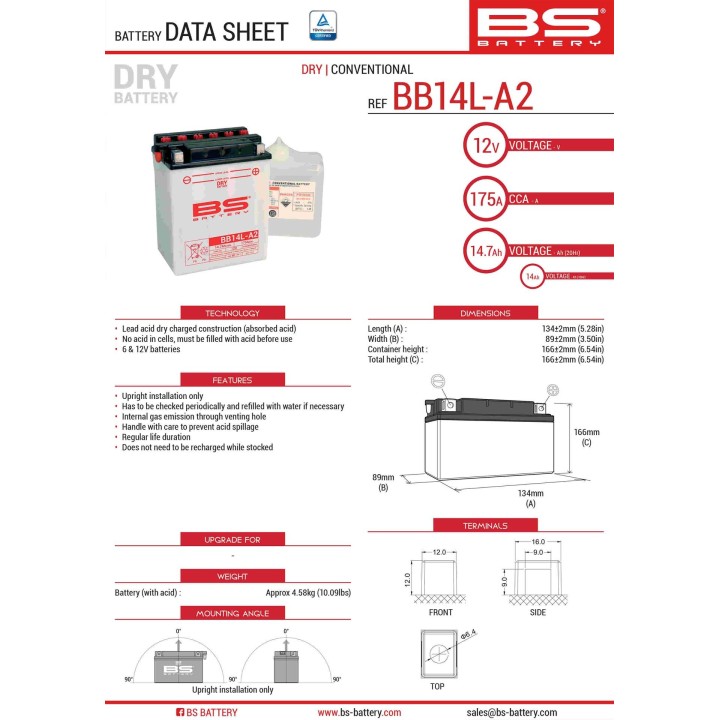 BS BATTERY BS akumulator BB14L-A2 (YB14L-A2) 12V 14AH 135X91X167 obsługowy - elektrolit osobno (175A) UE2019/1148 (3)