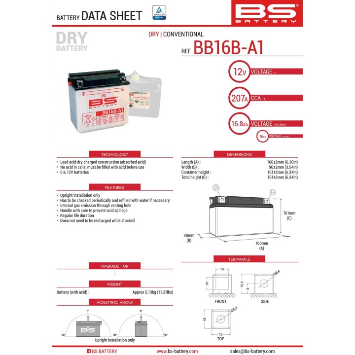BS BATTERY BS akumulator BB16B-A1 (YB16B-A1) 12V 16AH 160X90X161 obsługowy - elektrolit osobno (215A) UE2019/1148 (2)