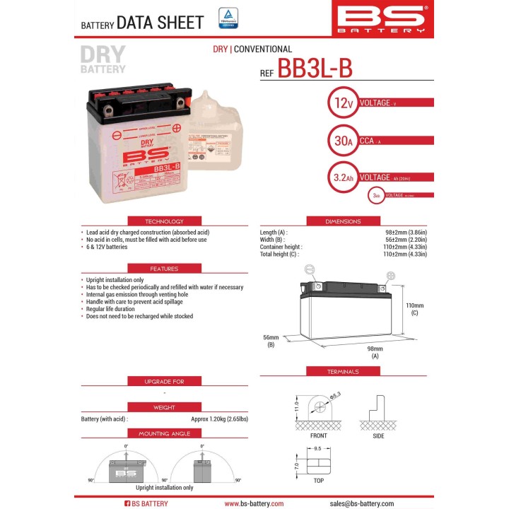 BS BATTERY BS akumulator BB3L-B (YB3L-B) 98X56X110 obsługowy - elektrolit osobno (30A) UE2019/1148 (6)