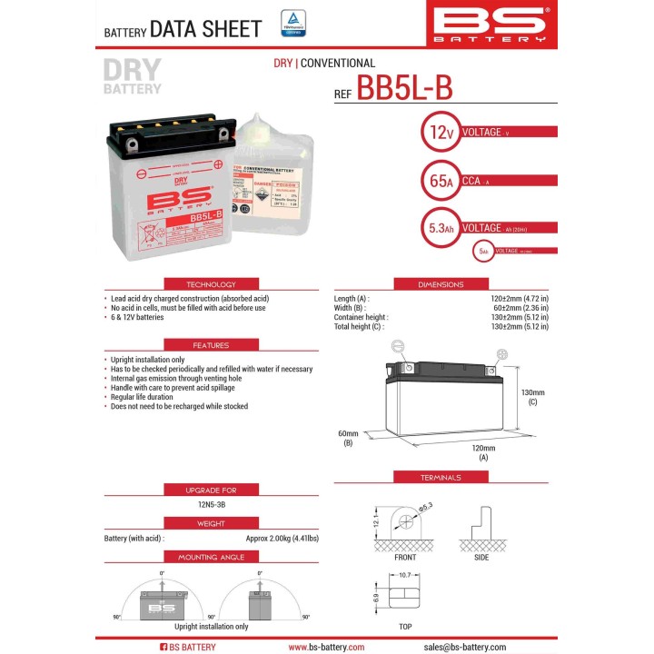 BS BATTERY BS akumulator BB5L-B (YB5L-B) (12N5-3B) 12V 5AH 120X60X130 obsługowy - elektrolit osobno (65A) UE2019/1148 (6)