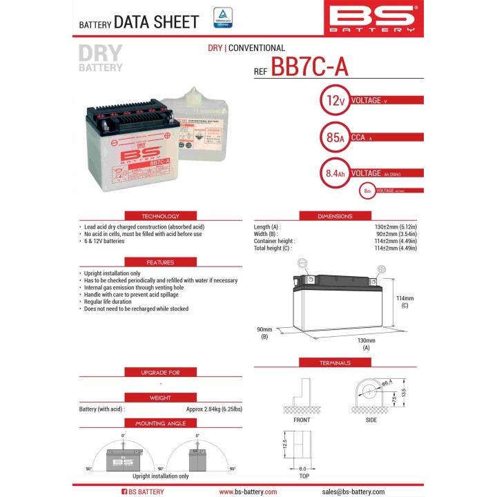 BS BATTERY BS akumulator BB7C-A (YB7C-A) 130X90X114 obsługowy - elektrolit osobno (85A) UE2019/1148 (6)