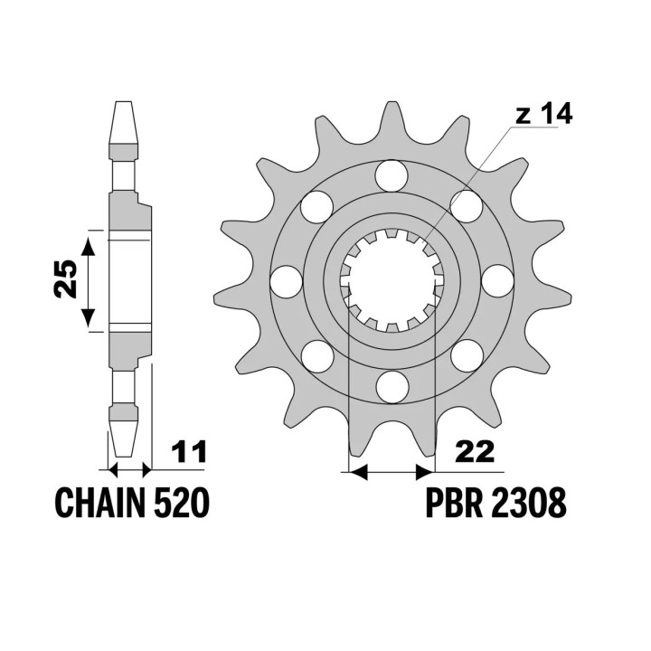 PBR zębatka przednia 2308 14 swm SM 500R, SM 650R, kove 450 rally '24-, ducati 450 MX '26-, (łańc. 520) (made in italy)