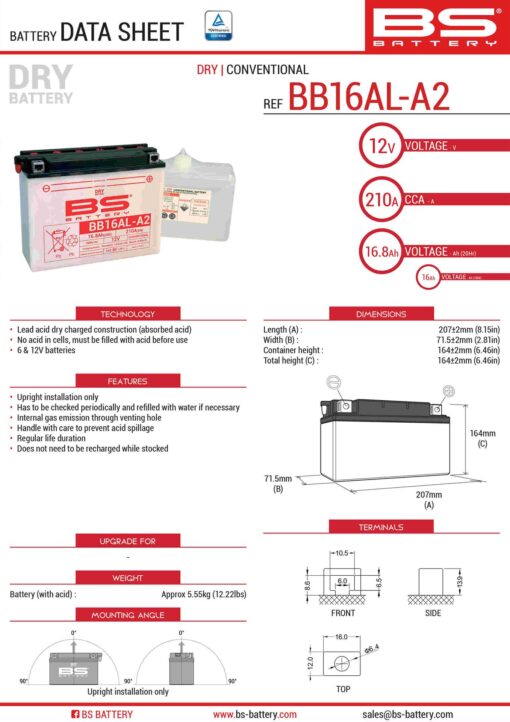 bs akumulator bb16al a2 yb16ala2 12v 16ah 205x71 1