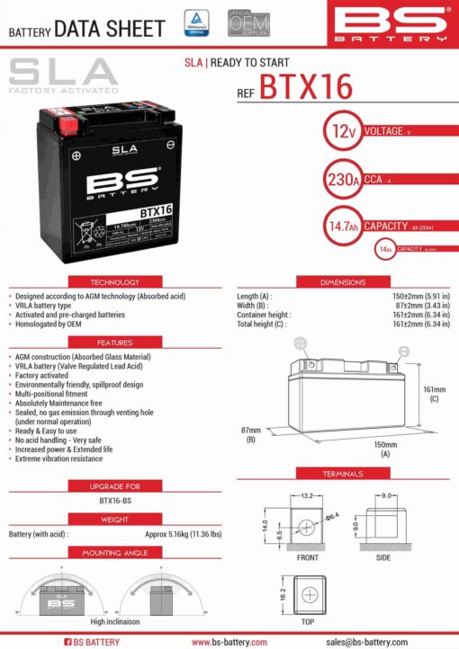 bs akumulator btx16 fa ytx16 bs 12v 14ah 152x8 1