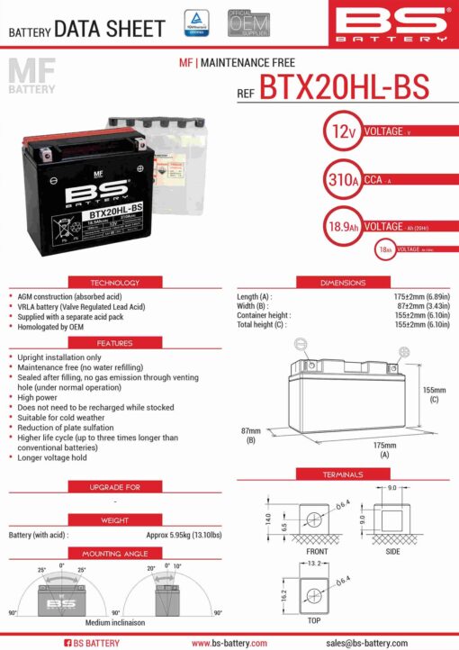 bs akumulator btx20hl bs ytx20hl bs 175x87x155 b