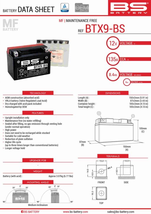 bs akumulator btx9 bs ytx9 bs 152x88x106 12v 8ah