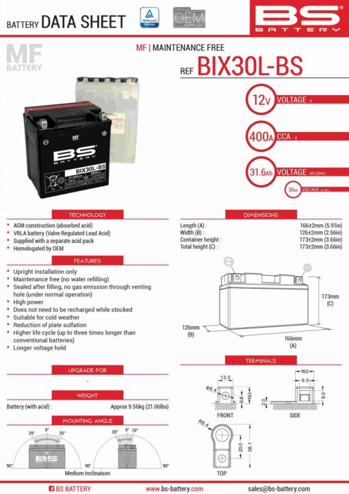 bs akumulator bix30l bs ytx30l bs 12v 30ah 165x1 1