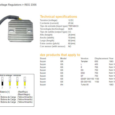 DZE REGULATOR NAPIĘCIA SUZUKI GS 450L '84-'88; GS 700E '85-'86; GS 750ES/EF/ESD '83-'85; GS 1100ES/EF '84-'86; GR 650 TEMPTER '83 (ESR130,RGU-301) - widok alternatywny