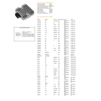 DZE REGULATOR NAPIĘCIA KAWASAKI EX 300/650 NINJA '06-'17; KLE 650 VERSYS '07-'16; VN 900/1700 '06-'19; ZR 750/800/1000 '04-'16; SUZUKI AN 250/400 '03-'06; DL 1000 '02-'06; UH 125/150/200 '07-'14; YAMAHA TMAX 500 '09-11; VX 1700 '05-'07 (ESR444;ESR161 - widok alternatywny
