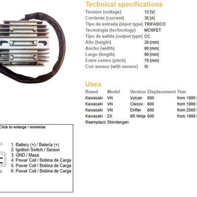 DZE REGULATOR NAPIĘCIA KAWASAKI VN 800 VULKAN '95-'05; VN 800 CLASSIC '96-'05; VN 800 DRIFTER '00-'06; ZX6R '98-'92 (35A) (ESR263) (OEM:21066-1099) (SH650-12) - widok alternatywny